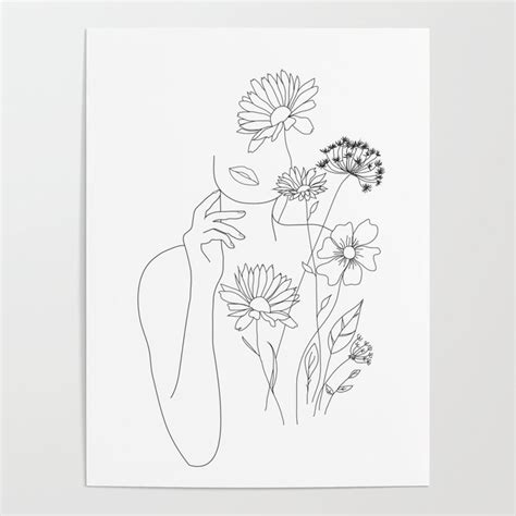 Beauty contour abstract face poster wall art print design concept. Minimal Line Art Woman with Flowers III Poster by nadja1 ...