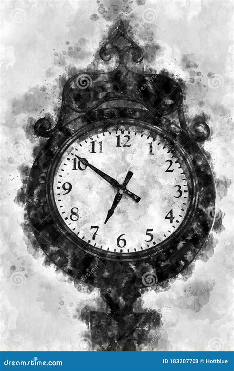 Beautiful Watercolor Historic Clock Painting Black And White Stock