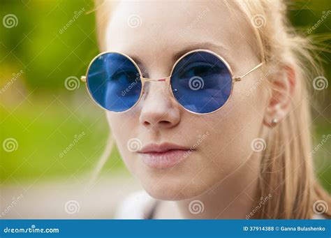 Stylish Girl With Purple Round Retro Sunglasses Stock Photo Image Of