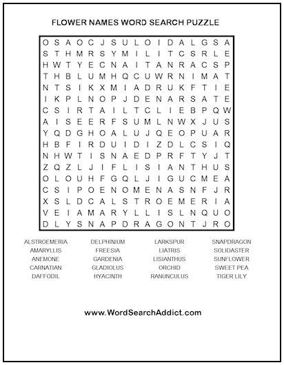 Flower Names Printable Word Search Puzzle Word Search Addict