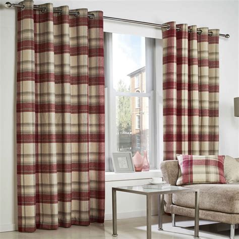 Brook Checked Lined Curtains 46 X 54 Plaid Tartan Red Burgundy Cream