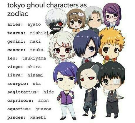 Search over 100,000 characters using visible traits like hair color, eye color, hair length, age, and gender on anime characters database. Tokyo Ghoul characters as Zodiac Signs | Anime Amino