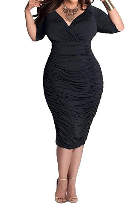 Poseshe Womens Plus Size Deep V Neck Wrap Ruched Waisted Bodycon Dress