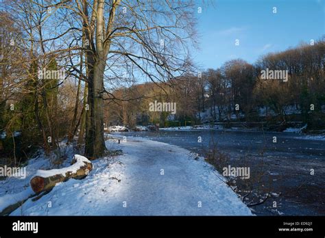 Icy Frozen Pond In The Rivelin Valley Sheffield England Uk Stock