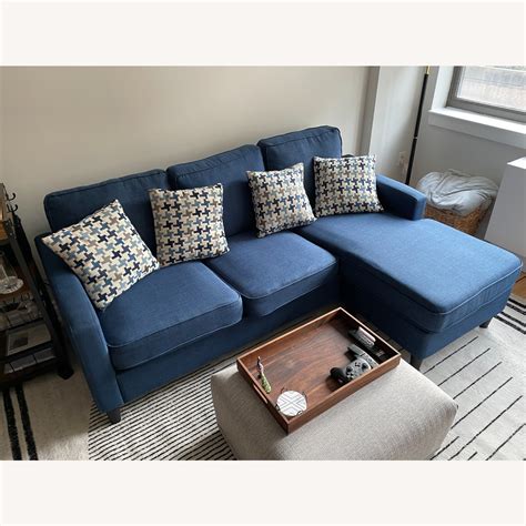 Blue Sofa With Chaise Lounge 4 Pillows Aptdeco
