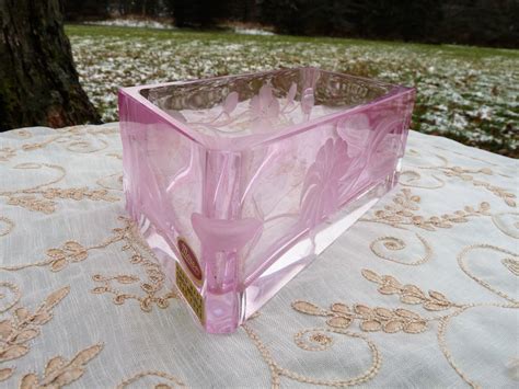 Moser Czech Republic Rosalin Pink Hand Engraved And Hand Cut Crystal Glass Lilies And Hibiscus