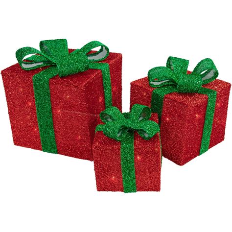 Northlight Set Of 3 Lighted Red Sisal Christmas T Boxes With Green