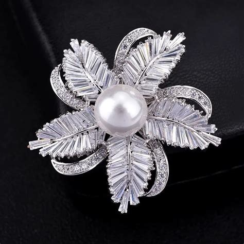 Free Shipping Beautiful Shining Full Cubic Zirconia Double Layer Flower With Simulated Pearl