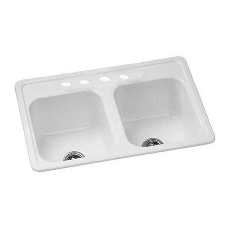 Crane White 4 Hole Double Basin Porcelain Topmount Kitchen Sink At