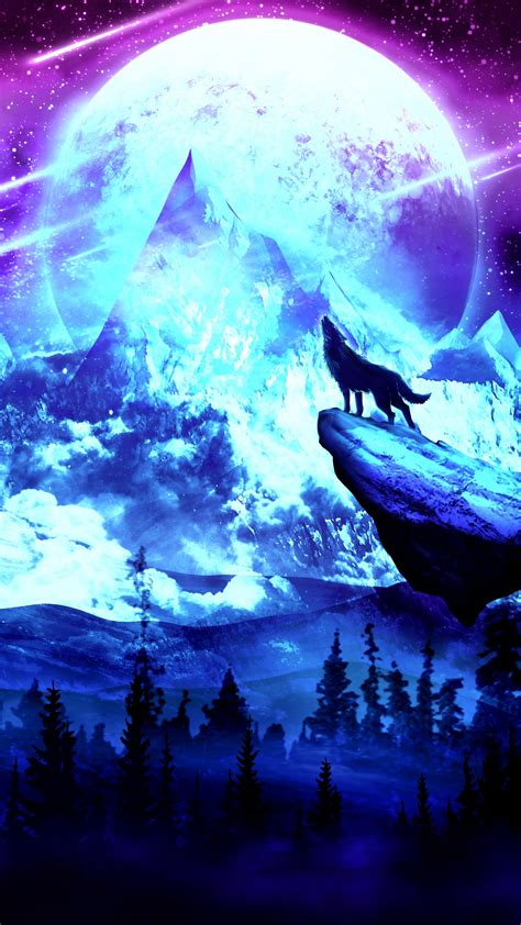 Download Wallpaper 1440x2560 Wolf Moon Night Mountains