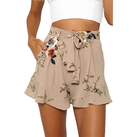 2019 Women Floral Print Shorts High Waist Ruffle Ruched Pocket Zip Back Belted Shorts Xl Khaki