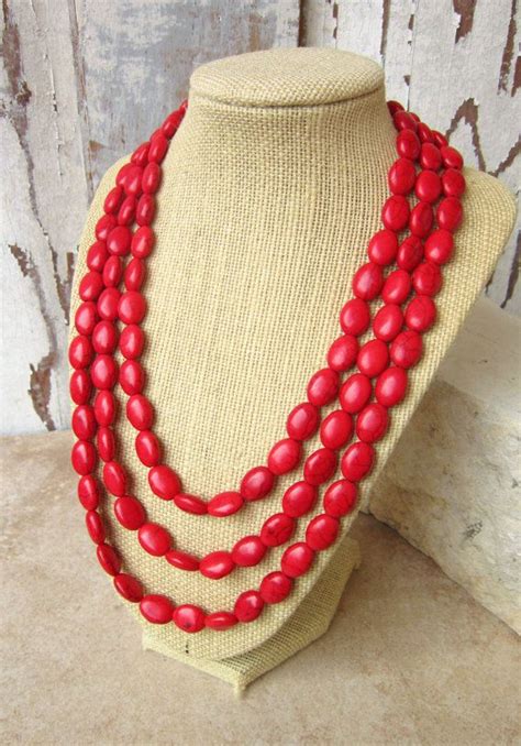Red Turquoise Statement Necklace Red Triple Strand Necklace Etsy