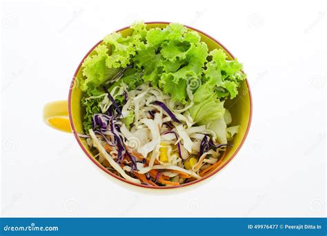 Fresh Vegetable Salad In Transparent Bowl Isolated On White Stock Image