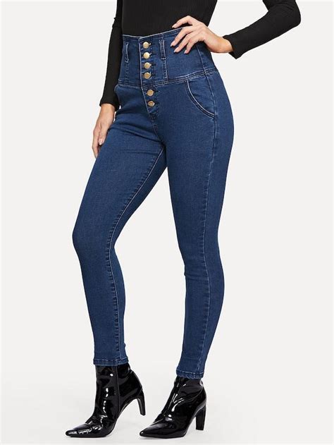 Button Fly Super Skinny High Waist Blue Women Jeans Wholesale China