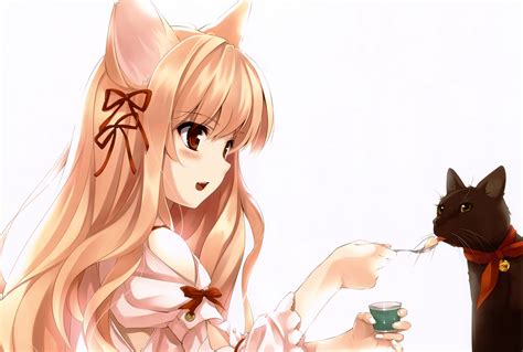 Cute Catgirl Feeding A Cat Anime Girl Pinterest