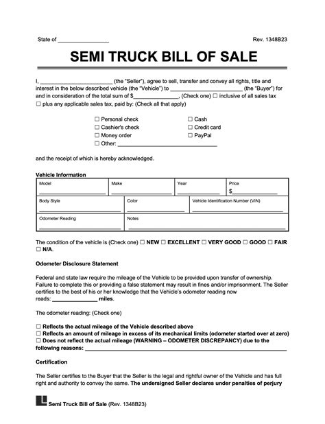 Semi Truck Bill Of Sale Form Legal Templates