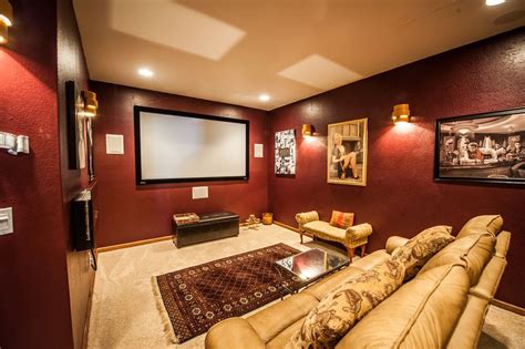 Traditional Home Theater With Wall Sconce High Ceiling Carpet Home