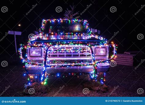 Car Decorated With Christmas Lights Stock Image Image Of Night