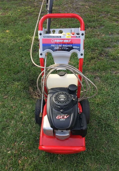 • how to use adjustable nozzle you should now know how to start and stop your pressure washer.the information in this section will tell you how to. Troy-Bilt Pressure Washer 2600 PSI. 2.3 GPM. With Honda ...