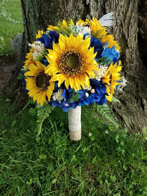 Silk Bridal Bouquet Made With Beautiful Sunflowers And Navy Blue
