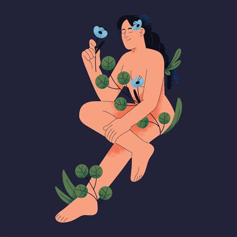 Premium Vector Naked Girl With Pigtail Hold Flower In Hand Leaves