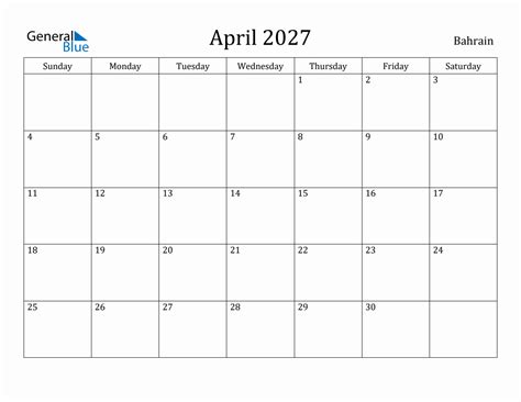 April 2027 Monthly Calendar With Bahrain Holidays