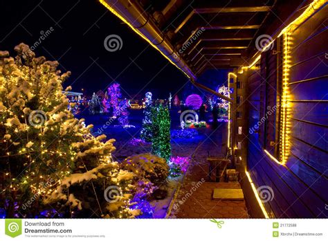 Christmas Fantasy Wooden House In Lights Stock Photo Image Of Lamp
