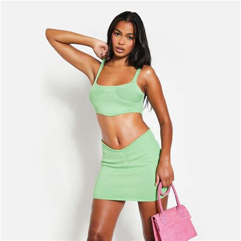 I Saw It First Knitted Rib Detail Mini Skirt Co Ord Green Isawitfirst