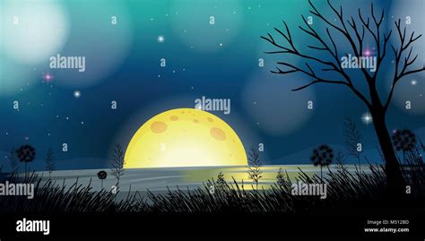 Night Scene With Moon And Lake Illustration Stock Vector Image Art Alamy