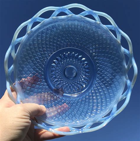 Antique 1930s Blue Frosted Iridescent Imperial Glass Bowl Katy Open