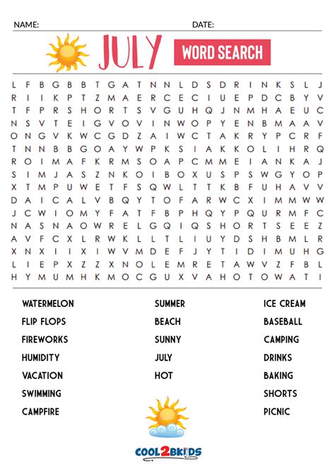 Printable July Word Search Cool2bkids