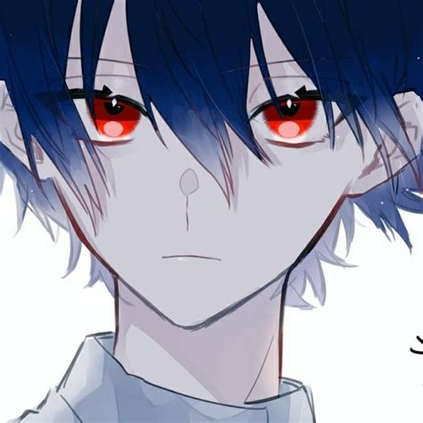 An Anime Character With Red Eyes And Blue Hair Looking At The Camera