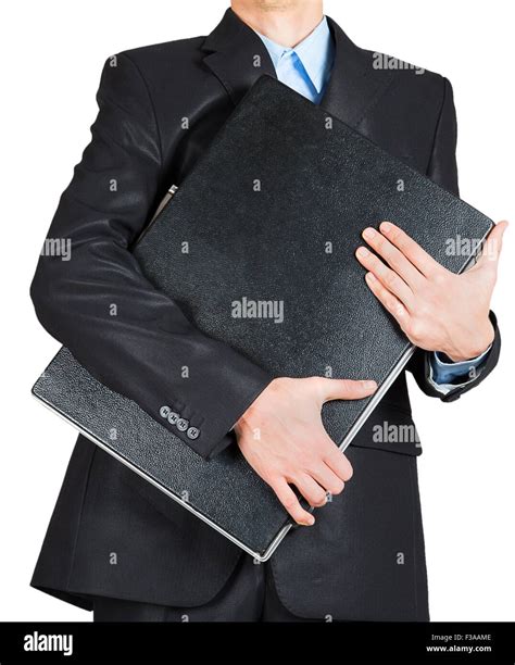 Business Man In Black Suit Hand Holding Briefcase On White Background