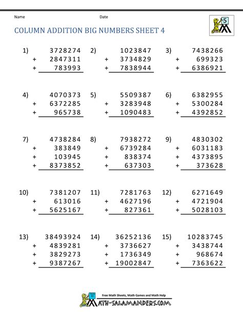 Addition With Largre Numbers Worksheet