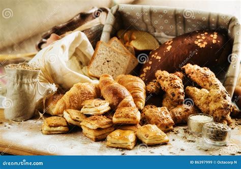 Bakery Product Assortment With Bread Loaves Buns Rolls And Dan