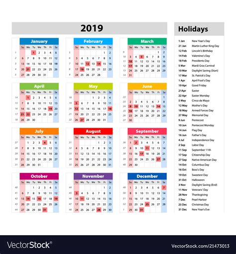 Public Holidays For The Usa Calendar 2019 Vector Image