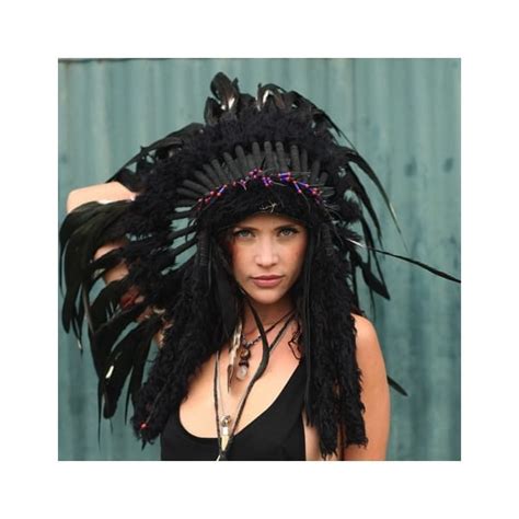 Native American Indian War Headdress Big Black With Fur