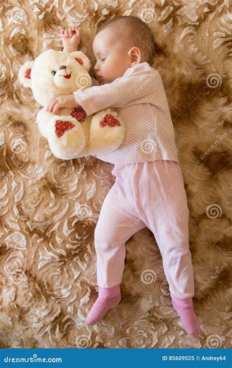 Baby Sleeping With Teddy Bear Stock Image Image Of Crib Newborn