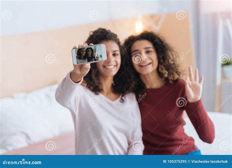 Cheerful Girl Taking Self Portraits Together Stock Image Image Of