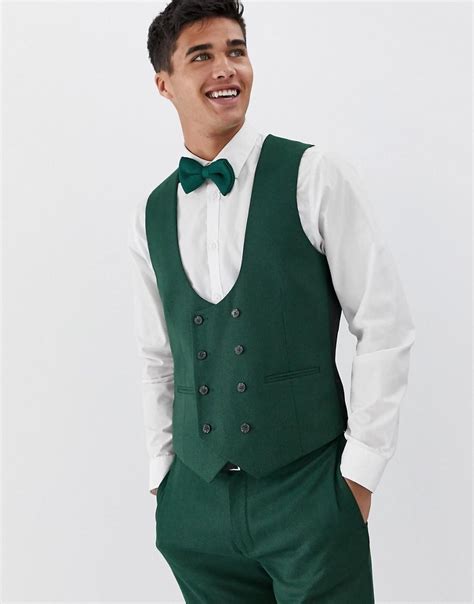 Asos Synthetic Wedding Skinny Suit Waistcoat In Forest Green Micro