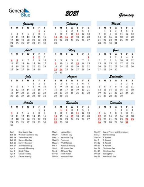 Germany 2021 Calendar With Holidays Germany Calendars Are Available In