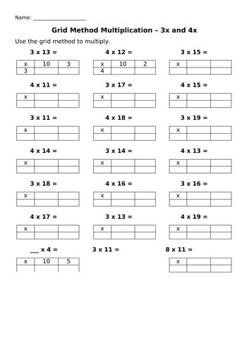 Grid Multiplication Worksheets 3x And 4x Teaching Resources