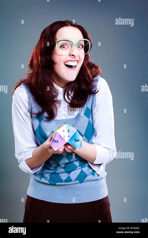 Geeky Woman With Love Chatterbox Origami Toy In Hand Stock Photo Alamy