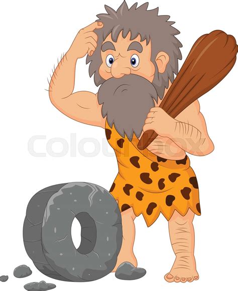 Cartoon Caveman With Stone Wheel Stock Vector Colourbox