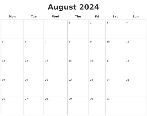 August 2024 Blank Calendar Pages