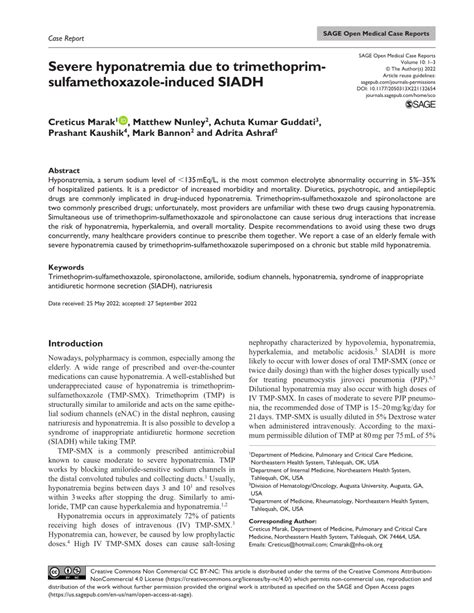 PDF Severe Hyponatremia Due To Trimethoprim Sulfamethoxazole Induced