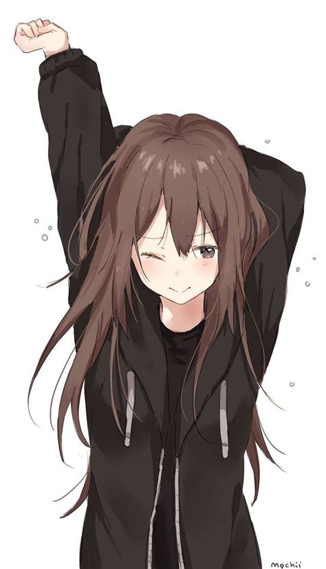 An Anime Character With Long Hair Wearing A Black Hoodie And Holding