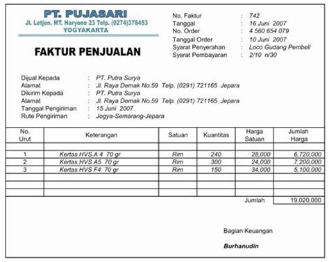 Contoh Formulir Faktur Penjualan Tunai Gawe CV