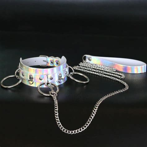Sexy Ring Choker With Chains Slave Holographic Laser Pastel Leather O