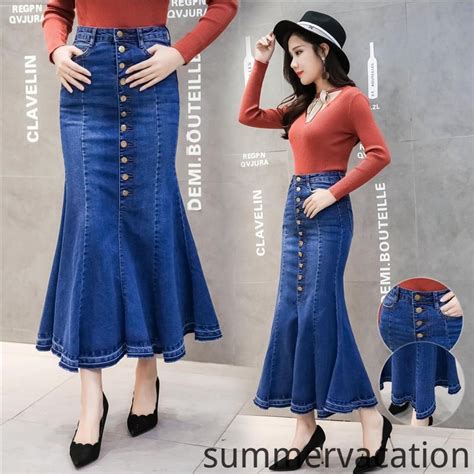 Cm Denim Skirt Bodycon Mermaid Fishtail Labuh Kain Kembang Jeans